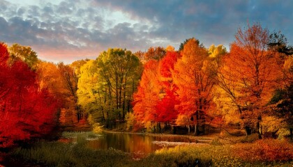 Fototapeta premium A fall forest filled with trees bathed in golden and red shades, creating an extraordinary autumn scene.