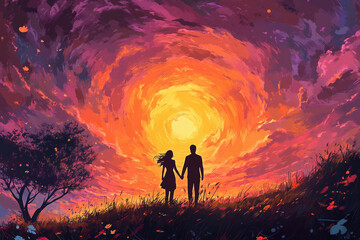 Fototapeta premium a painting of a couple holding hands as the sun sets in the background with a swirl of clouds and a red and yellow sky