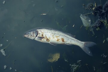 Dead fish floating on the surface of murky water surrounded by pollution and debris, showcasing environmental issues and water quality deterioration concerns