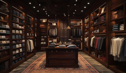 AI generator image of modern textile production scene showcasing sustainable fashion for men and personalized 
Suit clothing.factory automated sewing machines,workers customizing garments intricate