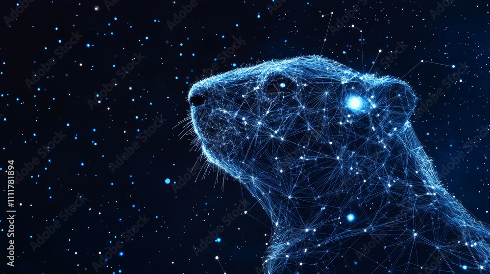 Poster abstract image of a groundhog in the form of a starry sky or space, consisting of points, lines, and