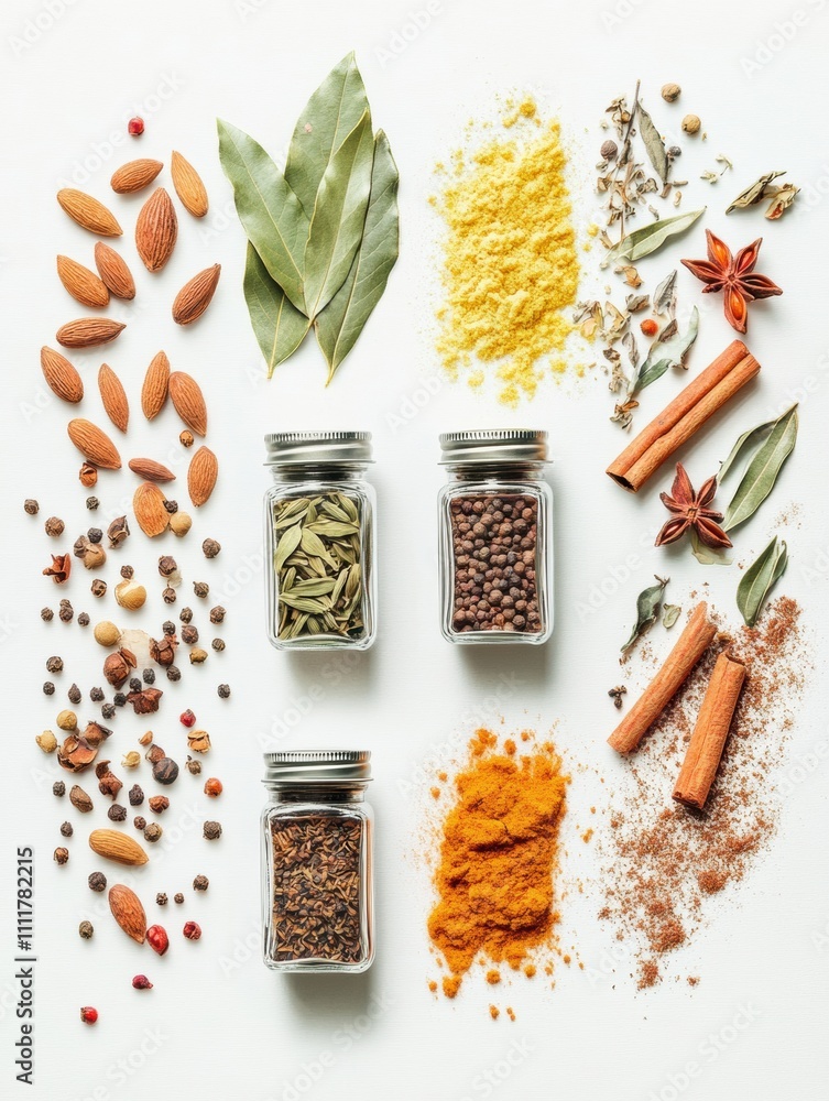 Aufkleber Colorful spices arranged in jars alongside bay leaves and cinnamon sticks create an aromatic display with ample space for text. Generative AI
