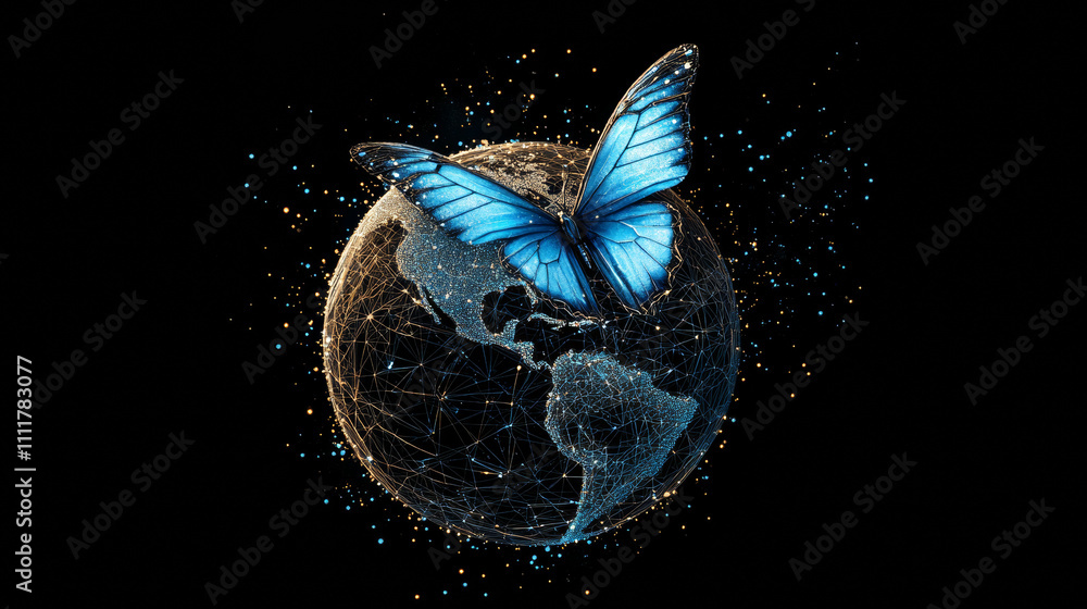 Poster digital butterfly launching out from technology globe earth. abstract technology innovation concept.