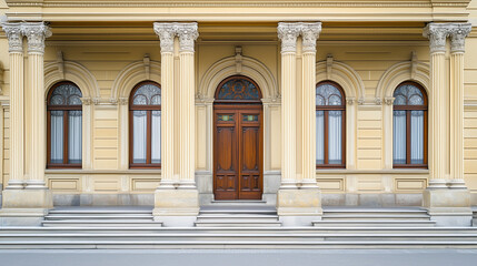 Fototapeta premium International court facade with grand architecture and flagpoles, symbolizing justice and global cooperation in resolving disputes.