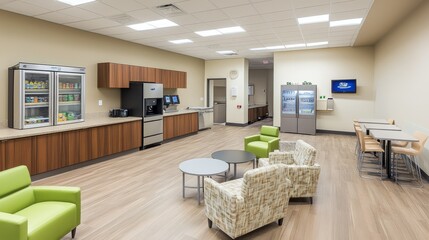 Modern break room with seating, kitchen appliances, and refreshments for employees.