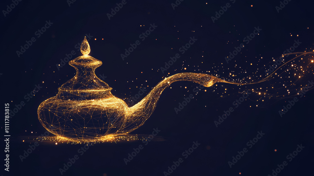 Poster polygonal magic lamp isolated on dark background. low poly vector illustration of a starry sky or co