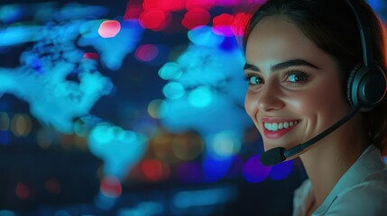 Smiling woman with a headset against a colorful background