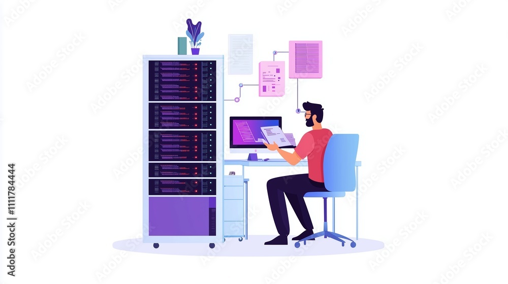 Aufkleber person working at a computer desk with server racks in a modern office environment