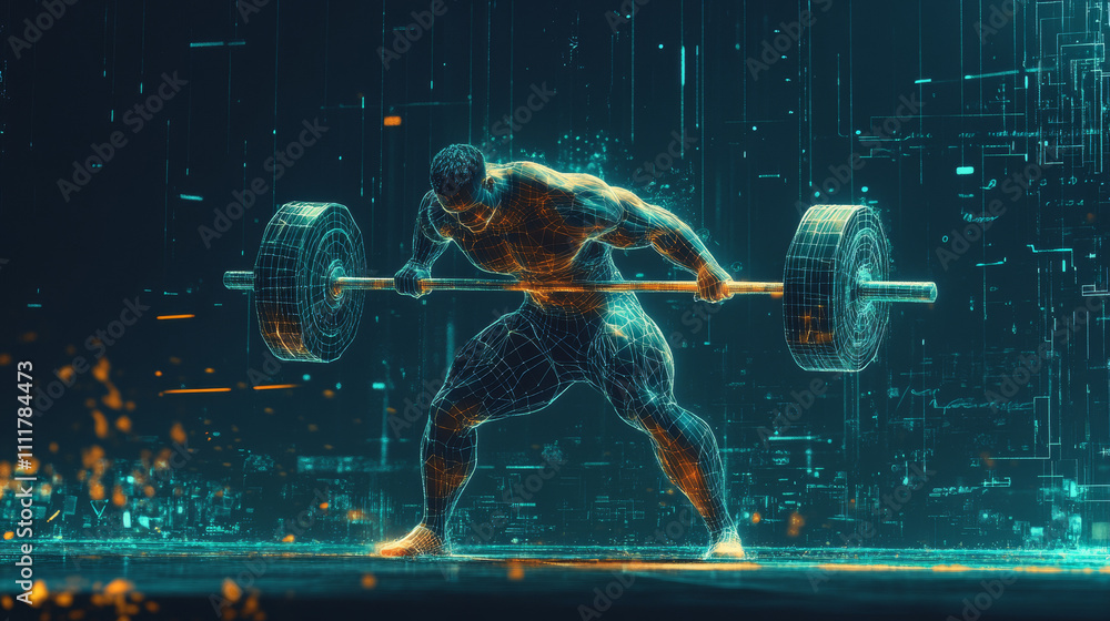 Poster abstract weightlifter with cybernetic particles. polygonal digital background. point and curve const