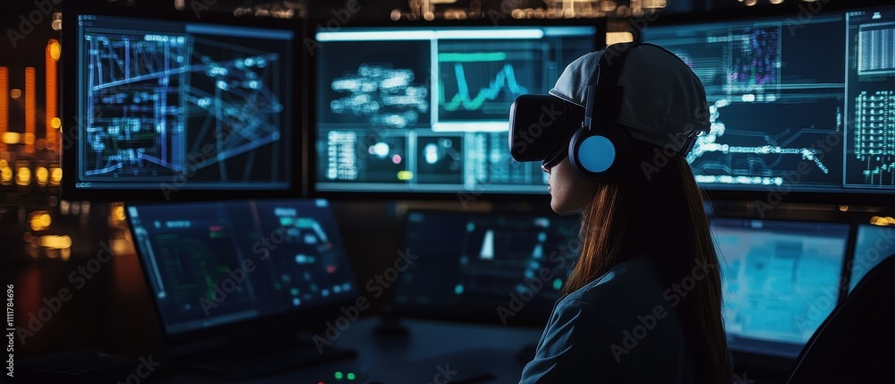 Poster virtual reality exploration in a high-tech environment at night featuring screens displaying data