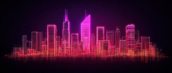 Fototapeta premium Urban hub with IoT-enabled buildings, A vibrant digital skyline featuring futuristic buildings lit in neon pinks against a dark background, showcasing modern urban life.