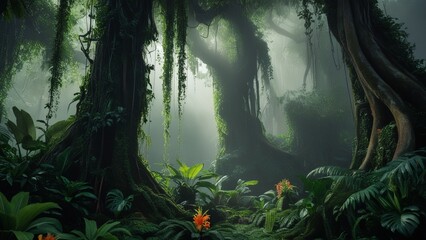 Illustration of a view of a very dense tropical forest, looking natural and wild, as if it had never been touched by human hands, with tall trees and dense leaves creating a mysterious atmosphere.