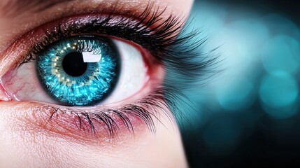 Fototapeta premium Futuristic Eye Closeup of Blue Iris with Digital Glow Technology Background
