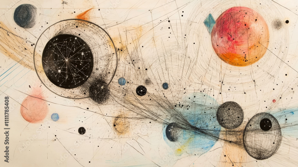Poster abstract image of a handbell in the form of a starry sky or space, consisting of points, lines, and 