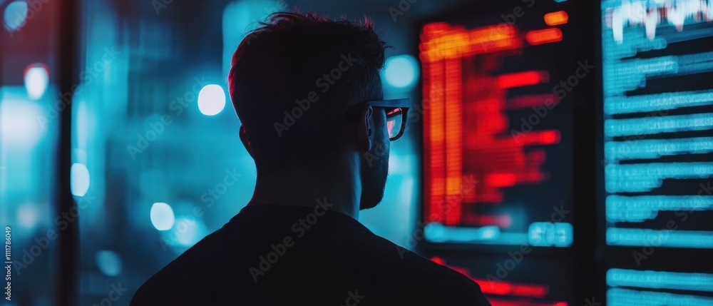 Poster individual engaged in virtual reality experience with multiple screens in a modern workspace during 