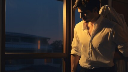 Portrait of a man rolling up his shirt sleeves while standing by an open window in a professional office or workplace environment