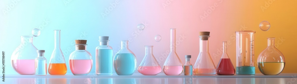 Poster colorful laboratory glassware filled with vibrant liquids arranged on a surface, creating a scientif