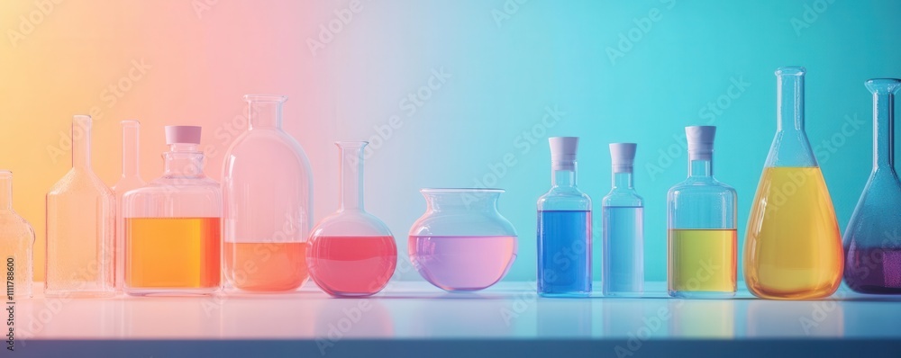 Poster a colorful array of laboratory glassware filled with vibrant liquids, set against a soft gradient ba