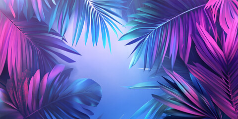 Vibrant neon palm leaves creating striking colorful composition with futuristic glowing effect