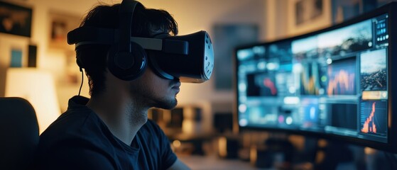 Engaging in virtual reality gaming while surrounded by advanced technology in a dimly lit room