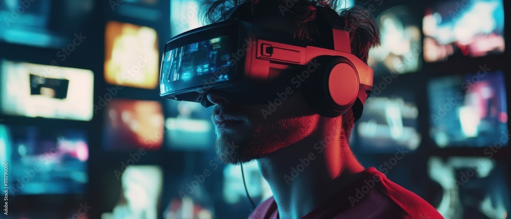 Poster engaging in virtual reality gaming while surrounded by advanced technology in a dimly lit room