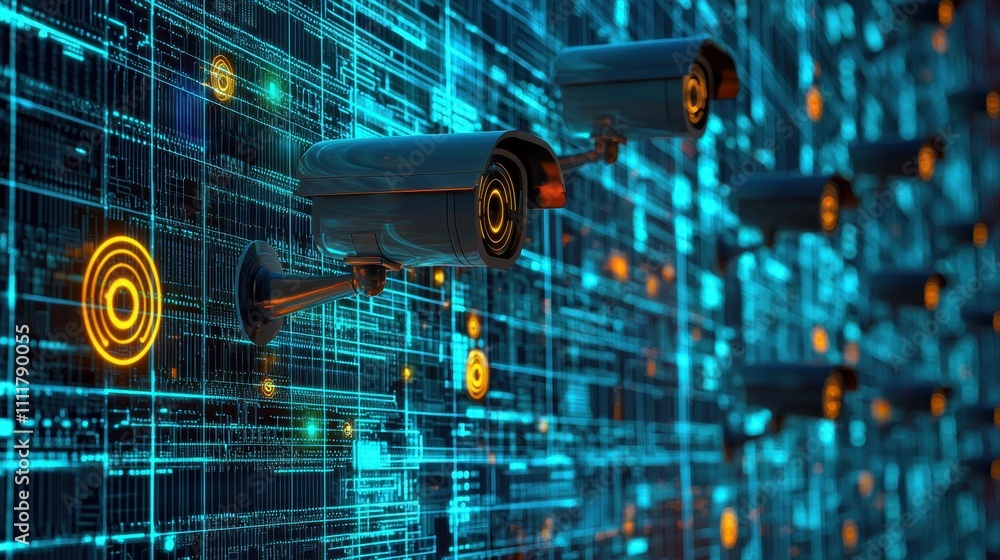 Poster artistic representation of technology protecting privacy with security cameras and digital elements