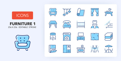 Line icons about Furniture, drapery and home textiles. Contains such icons as armchair, towels, bed and more. 256x256 Pixel Perfect editable in two colors. Set 1 of 2