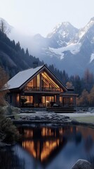 Obraz premium AI generator images of wooden house, country style, time, winter, snowing