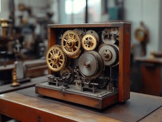 Fototapeta premium Intricate Mechanical Gearbox Vintage Industrial Clockwork Machine Parts and Cogs on Display
