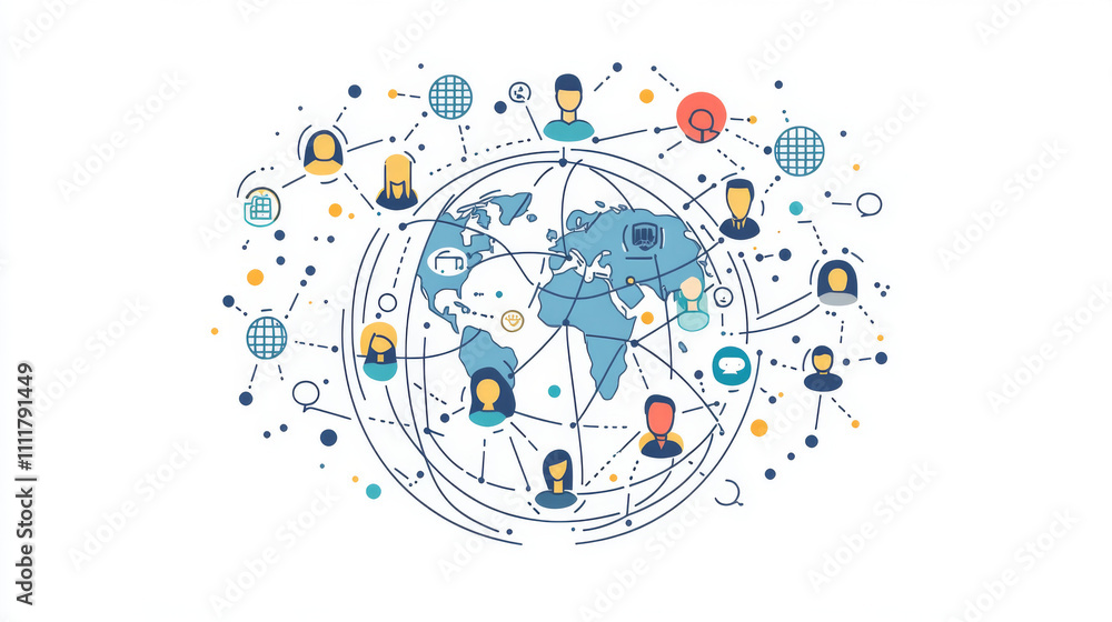 Poster vector illustration. half of the earth. global connections conception. global business line art flat