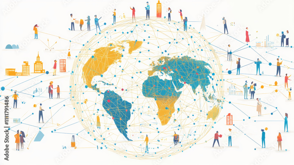 Poster vector illustration. half of the earth. global connections conception. global business line art flat
