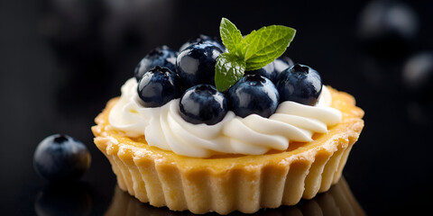 Blueberry Tart with Cream and Mint on Slate Plate