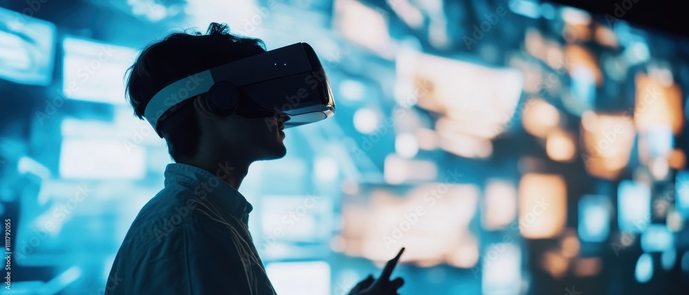 Poster man engaging with virtual reality technology in a high-tech environment during the evening hours whi