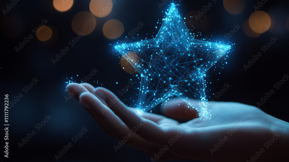 Poster digital star in abstract hand. success concept. low poly wireframe vector illustration with 3d effec