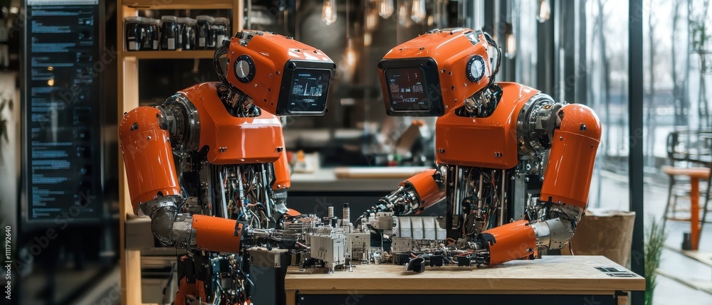 Poster advanced robotic arm assembling components in a high-tech manufacturing environment
