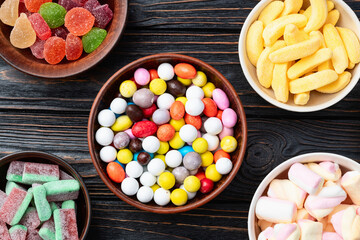 Mix of colorful candies . Top view