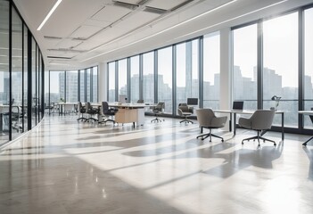 Modern office interior with  desks, computers, chairs, shelves with files, and large window. Minimalist design. 3D Rendering, white office room interior with glass wall and city