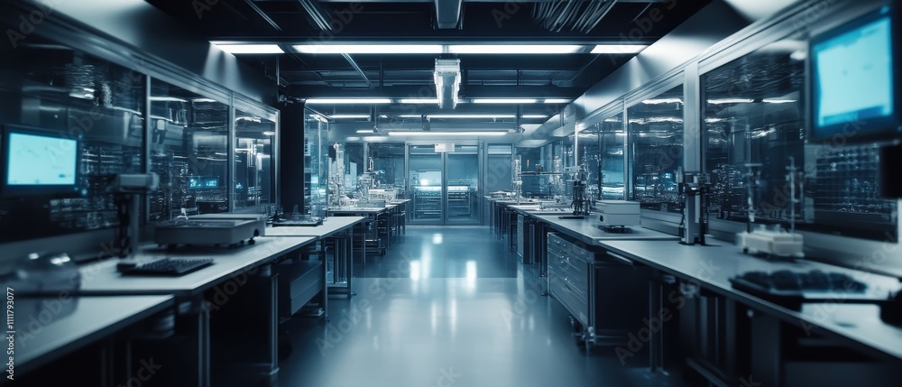 Poster advanced technology workspace with illuminated circuit boards and equipment in a modern lab