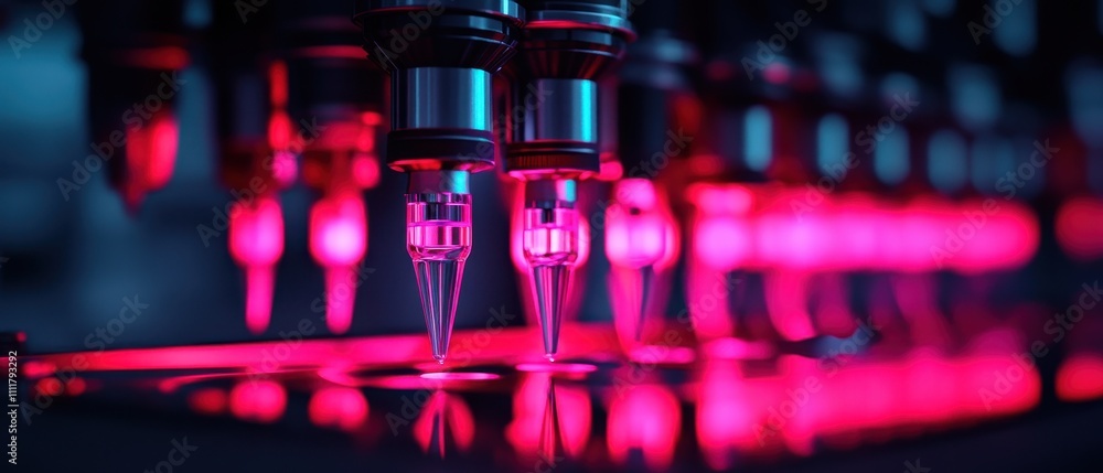 Poster Close-up view of intricate machinery displaying glowing blue-green lights in a modern technological setting