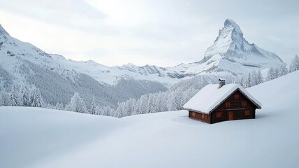 Fototapeta premium A serene winter landscape featuring a cozy cabin surrounded by snow-covered mountains and trees under a cloudy sky.