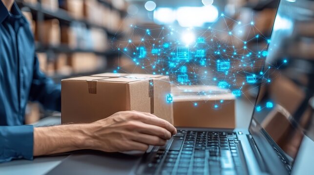 Scanning and sorting goods receipt selective focus, speeding up inventory entry theme, dynamic, double exposure, receiving bay backdrop