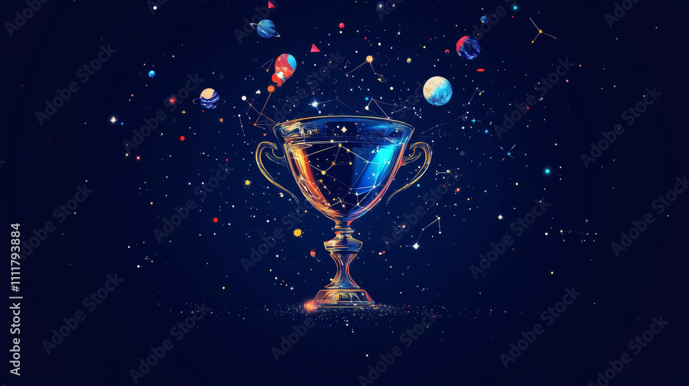 Poster abstract image of a champion cup in the form of a starry sky or space, consisting of points, lines, 