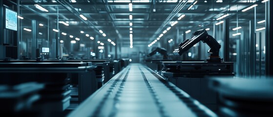 Robotic arms working in a high-tech manufacturing facility during evening hours