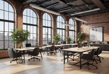 Naklejka premium modern loft office interior with furniture A rustic dining room featuring reclaimed wood furniture, stone accents, and earthy tones. Incorporate a large farmhouse table, vintage lighting fixtures,