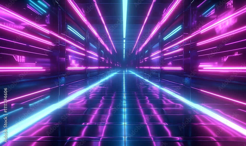 Poster abstract neon lights into digital technology tunnel. futuristic technology abstract background with 