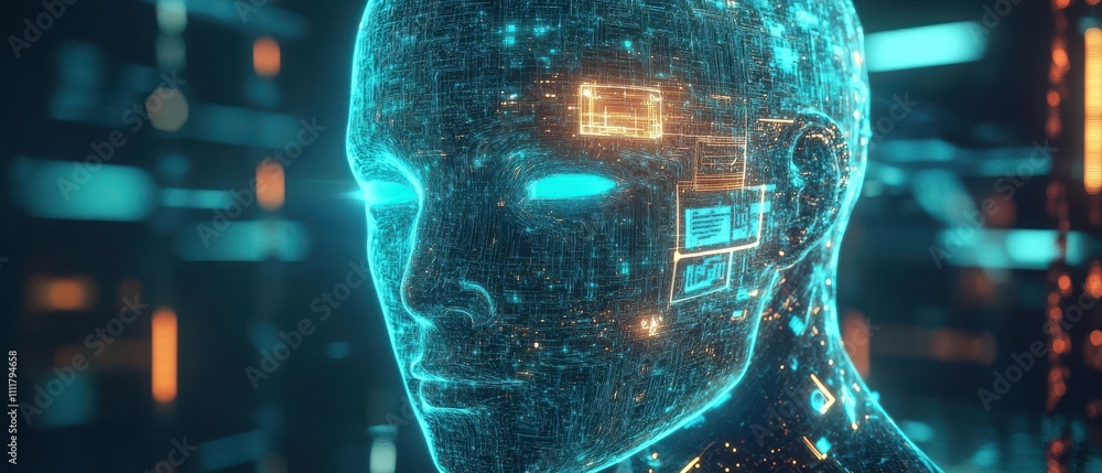 Poster digital representation of a futuristic humanoid figure with glowing features and data overlays