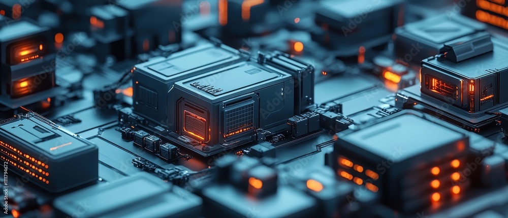 Poster modern circuit board with glowing components and intricate patterns in a technology environment