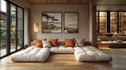 Cozy Modern Living Room with Autumn Nature Landscape View