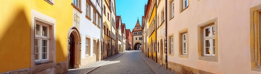Obraz premium A vibrant, cobblestone street lined with colorful historic buildings, leading toward a distant architectural feature under a clear blue sky.