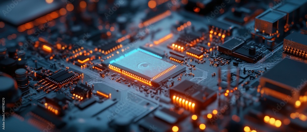 Poster close-up view of a circuit board with glowing components in a modern electronic device